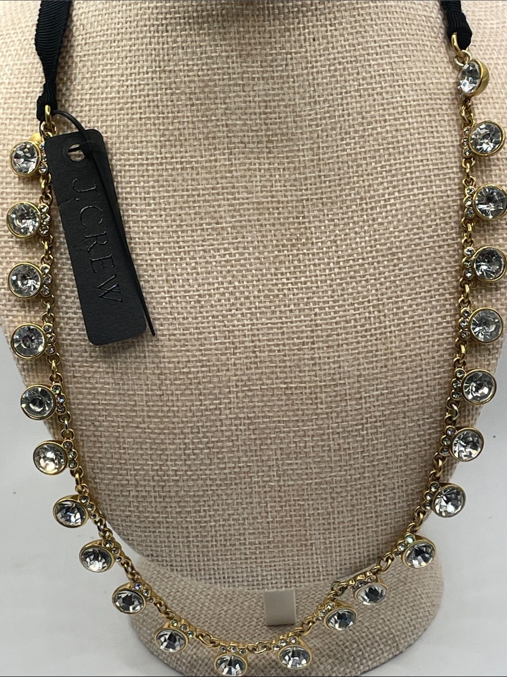 J. Crew Brass Gold Plated Necklace With Crystals and Black Ribbon Tie. Signed - Picture 7 of 7